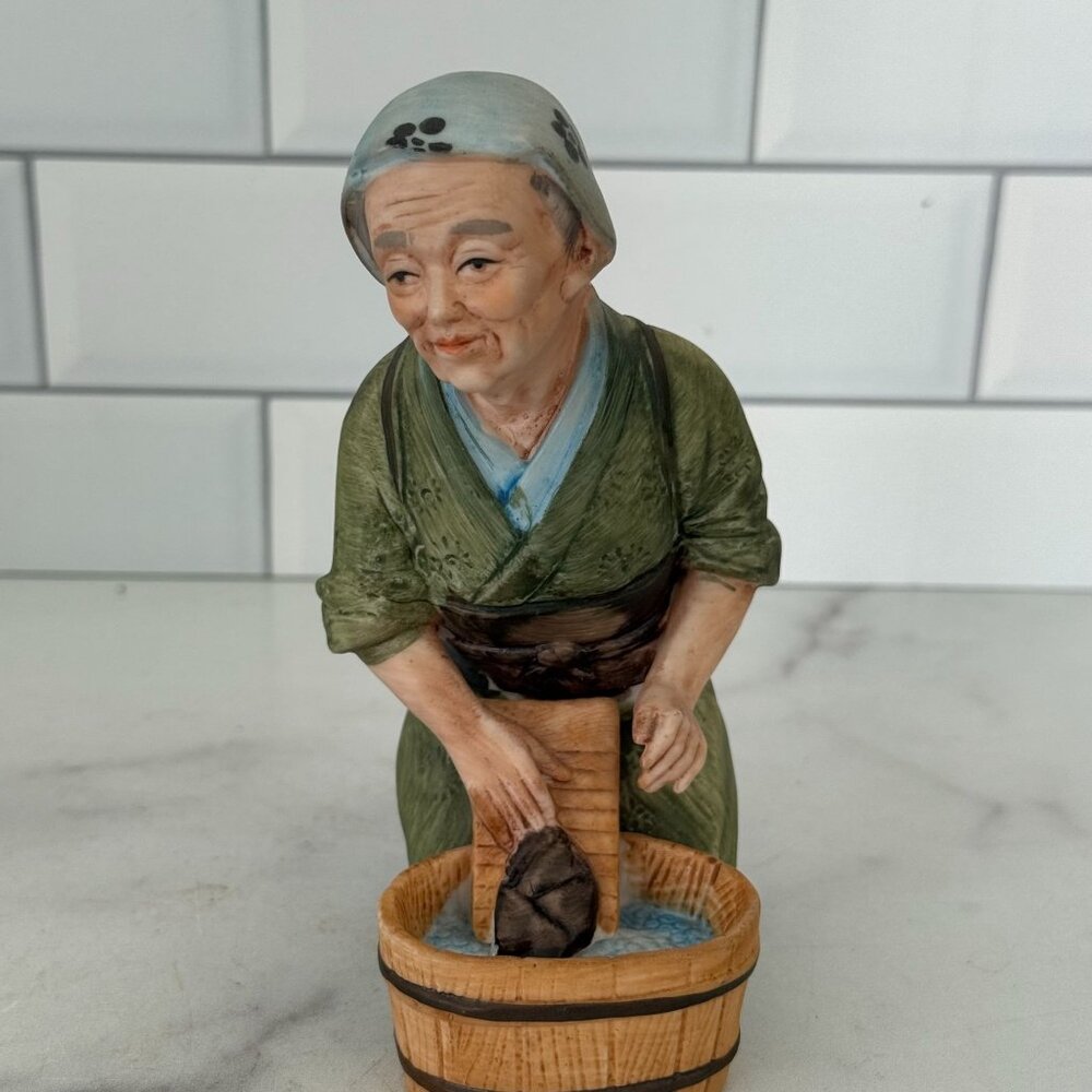 Vintage Hand-Painted Ceramic Figurine Of Woman Washing Clothes In Wooden Tub